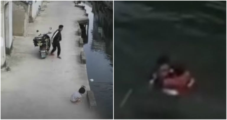 بالفيديو/ عامل توصيل يقفز في النهر لانقاذ طفلة بعمر الـ6 سنوات من الغرق...ثم يعود مجددا للمياه لاحضار حذائها