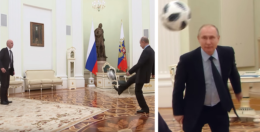 بالفيديو/ قبل انطلاق صافرة البداية بـ100 يوم...بوتين يستعرض مهاراته الكروية