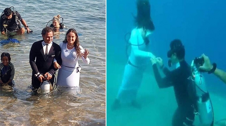 بالصور/ الزفاف المصري الأغرب...إسبانية ومصري احتفلا بزفافهما &quot;تحت الماء&quot;!