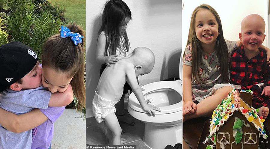 صور مؤثرة نشرتها الأم لطفليها...هكذا تربت ابنة السنوات الأربع على كتف أخاها المصاب بالسرطان