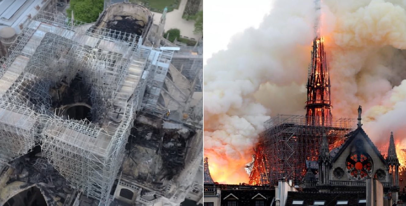بالفيديو/ اللقطات الأولى من السماء لموقع حريق كاتدرائية نوتردام توضح آثار المأساة!