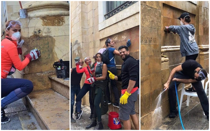 بالصور/ شبان وشابات ينظفون جدران مسجد الأمين  وكنيسة مار جرجس
