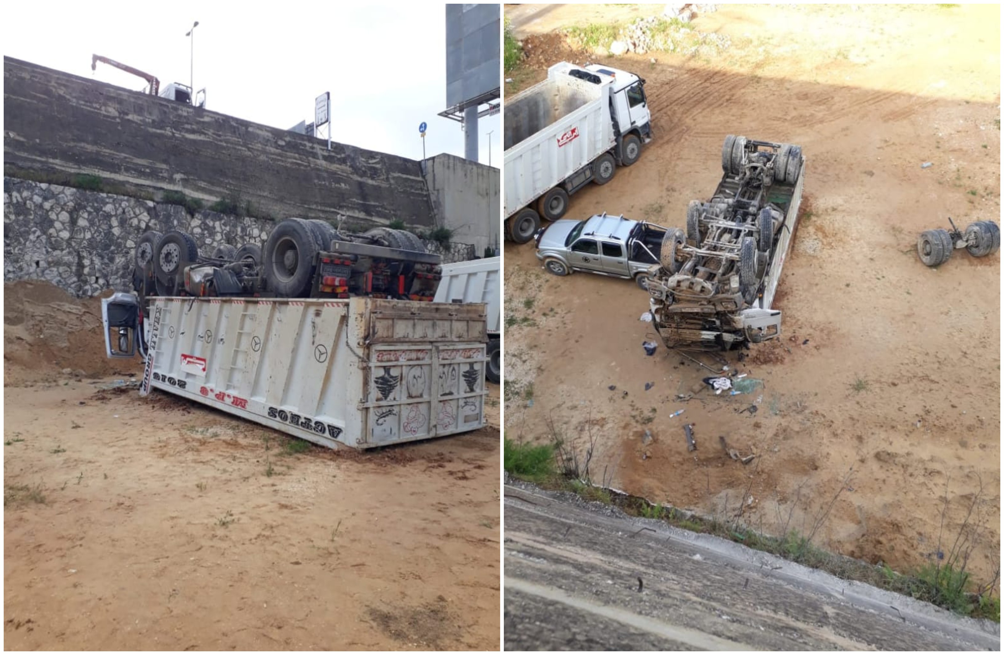 بالصور/ حادث مروع فجرا على جسر حبوش...مقتل سائق بانقلاب شاحنة!