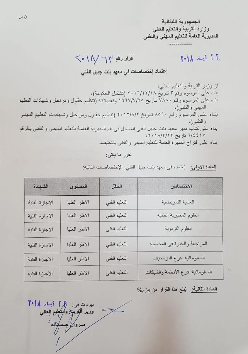 هذه الإختصاصات أصبحت معتمدة في معهد بنت جبيل الفني بعد جهود من النائب علي بزي