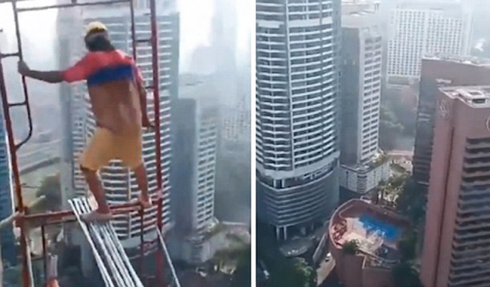 فيديو صادم لعامل يخاطر بحياته ببناء سقالة على ارتفاع شاهق دون معدات سلامة