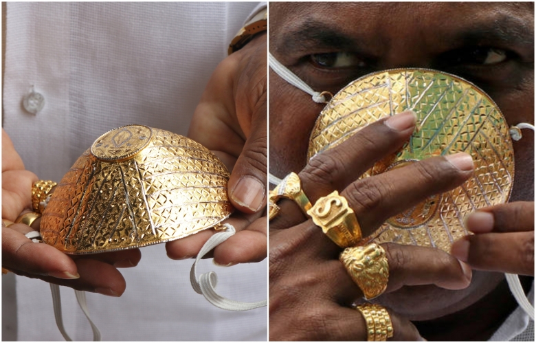 بالصور/ رجل أعمال هندي يضع كمامة مصنوعة من الذهب بقيمة 4 آلاف دولار للوقاية من فيروس كورونا!